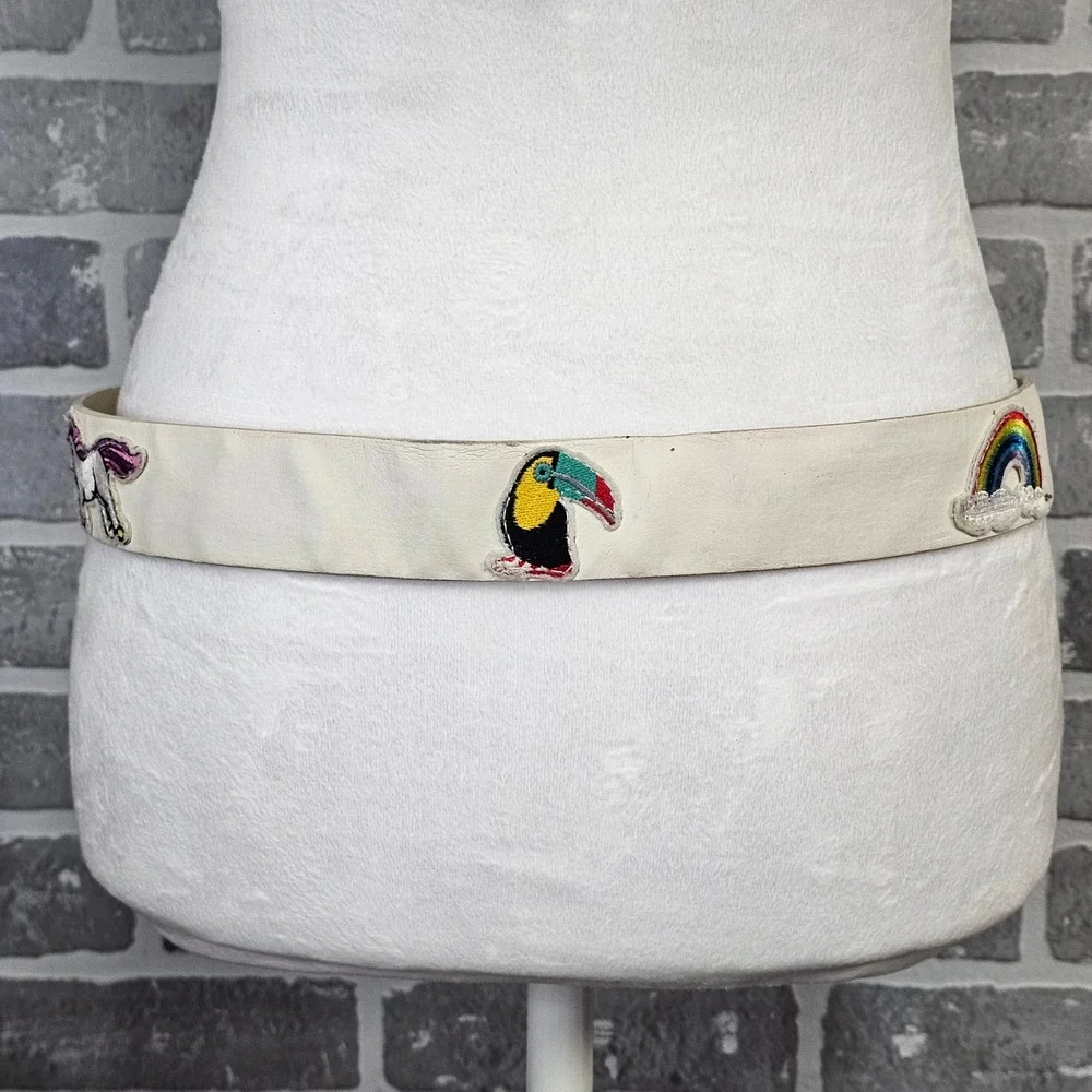 Y2K Coquette Novelty Patch White Belt Unicorn‎ Rainbow Indie Kitsch Women's S/M